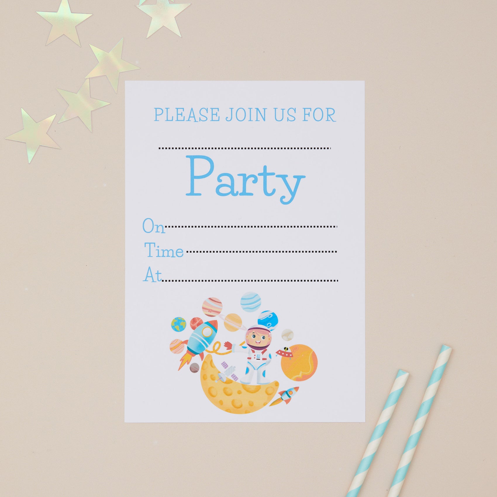 Kids Birthday Party Astronaut invite. The Text says "Please join us for party" The invite also has space to write the party details. At the bottom of the invite there is a illustration of an Boy Astronaut on top of a star, with rockets and planets around him