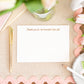 Letterpress Baby Gift Thank You Card. Note card with 'Thank you for the beautiful baby gift' text on a decorative table setting with flowers and stationery.